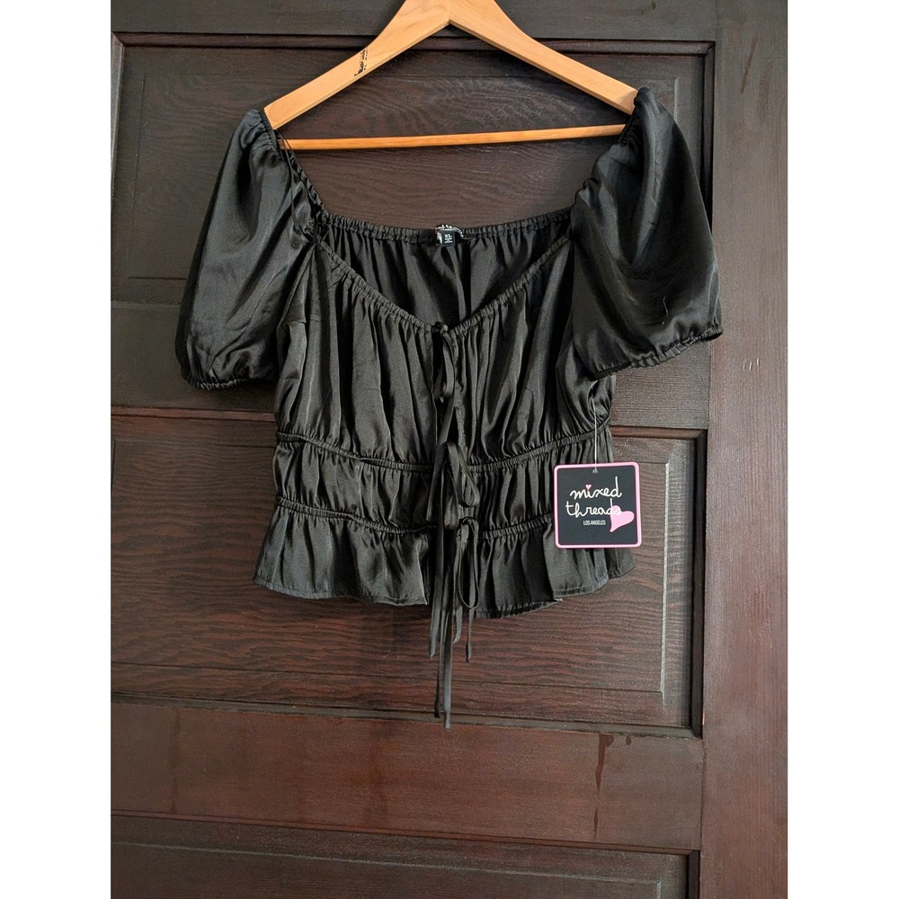 Mixed Threads Los Angeles Black Satin Puff Sleeve Tie Front Crop Top XL NWT